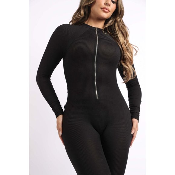 Women's Ribbed Bodycon Jumpsuit Long Sleeves Zipper Front Sexy Outfit XS - 3X - Picture 11 of 16